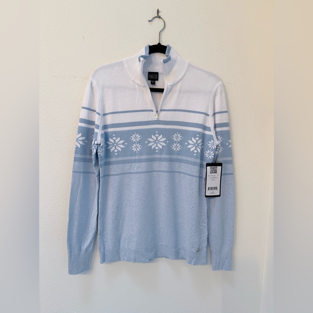 NILS Blue Quarter-Zip Ski Sweater with Snowflakes | NWT | Size L | Apres Ski
